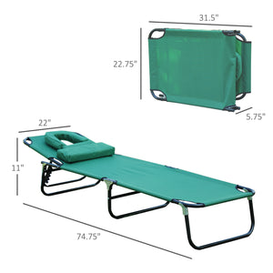 Chaise longue pliante d'extérieur inclinable avec ouverture pour le visage, coussin amovible, dossier réglable en 3 positions, verte