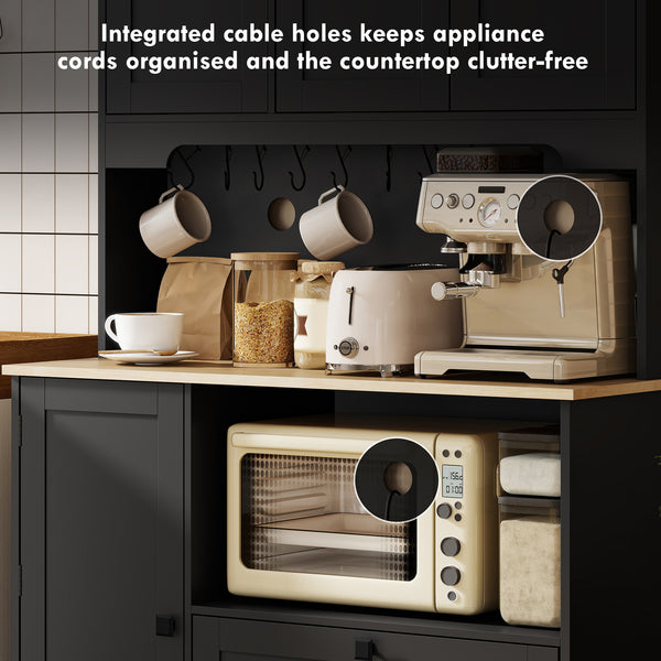 Kitchen unit with 3 cupboards, 2 drawers, adjustable shelves and microwave stand, black.