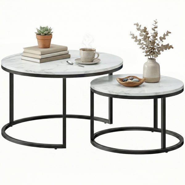 Set of 2 nesting coffee tables with marble-effect tops – White marble