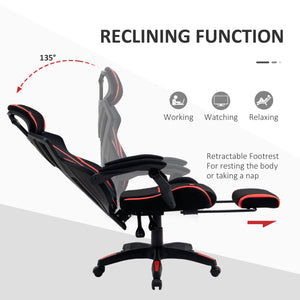 Ergonomic gaming chair with footrest, black and red.