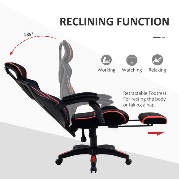 Ergonomic gaming chair with footrest, black and red.