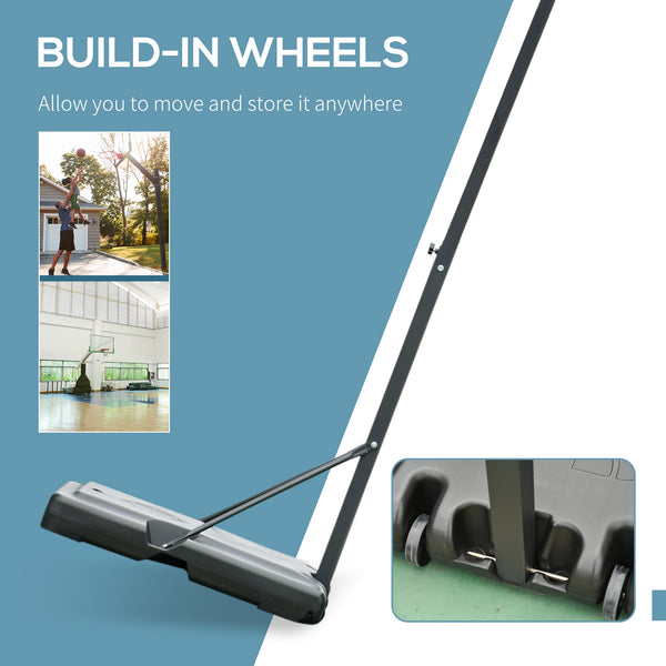 Portable basketball hoop with wheels, adjustable height from 2.4 to 3 m, black