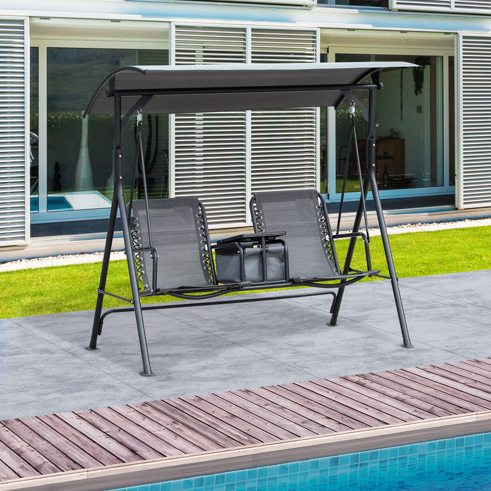 Swing for 2 people with swiveling storage table, grey