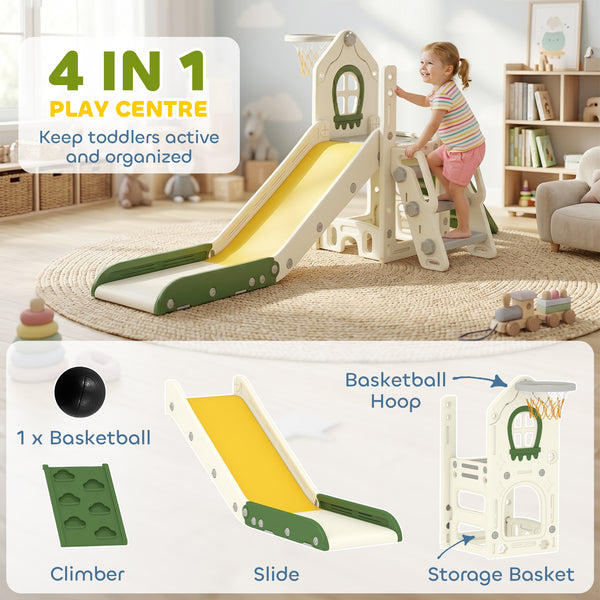 Qaba Foldable 4-in-1 Toddler Slide with Climber, Basketball Hoop, Storage Space, and Basketball for Ages 1-3 Years, Cream