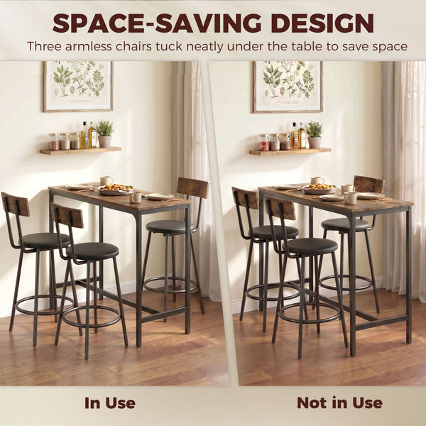 Bar table with 3 padded stools, rustic brown