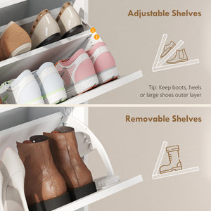 Shoe cabinet with 4 flip-down drawers, country style, narrow, holds up to 24 pairs, white