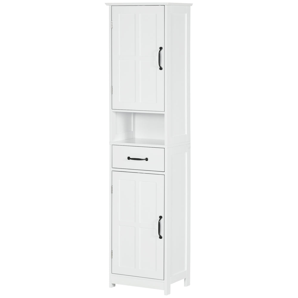 Modern Narrow Bathroom Cabinet with Open Shelf Drawer, Recessed Doors, and Adjustable Shelves, White