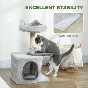 71 cm cat tree with soft bed, comfortable den, scratching post and hanging ball, light grey