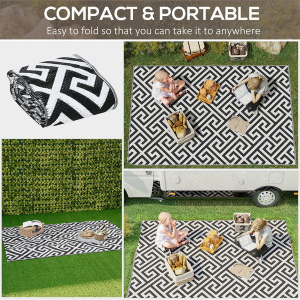 Reversible Outdoor Patio Rug, 1.5 x 2.4m Plastic Straw Mat for Garden, Patio, Beach, Camping, Black and White