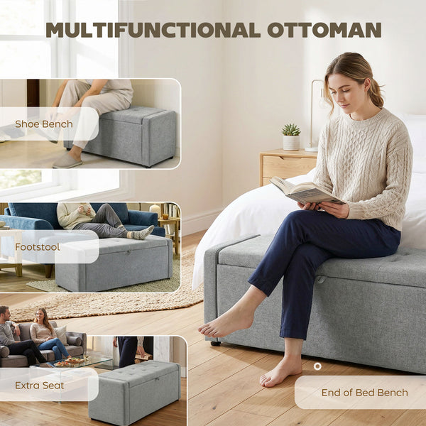 Storage ottoman bench, linen-look fabric upholstery, wide padded seat, light grey
