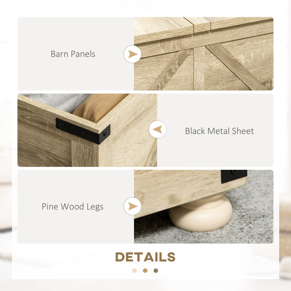 Farmhouse style square coffee table with hinged lids, oak