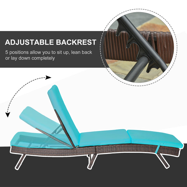 Rattan chaise longue with 5-position adjustable backrest, turquoise 