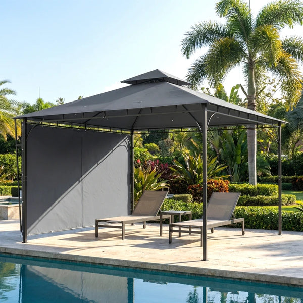 10 x 10 ft Gazebo with Double Roof and Retractable Awning, Dark Gray