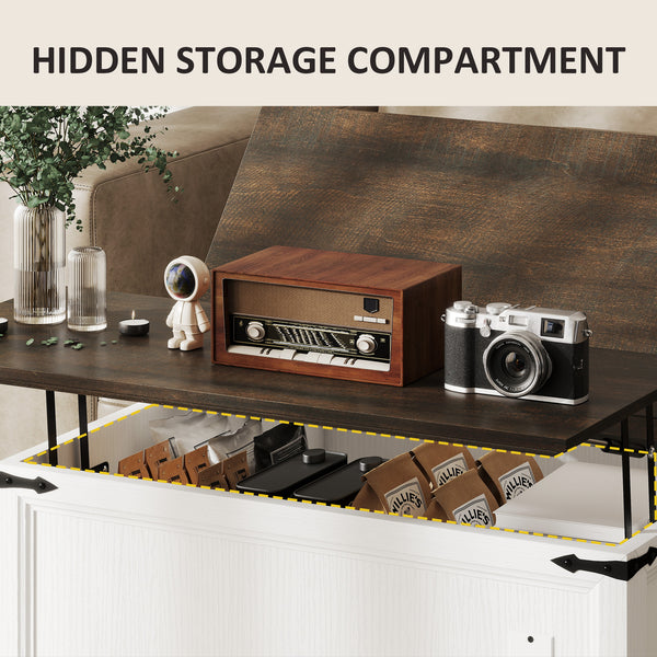 Lift-top coffee table with charging station, country style with concealed storage, white wood look.