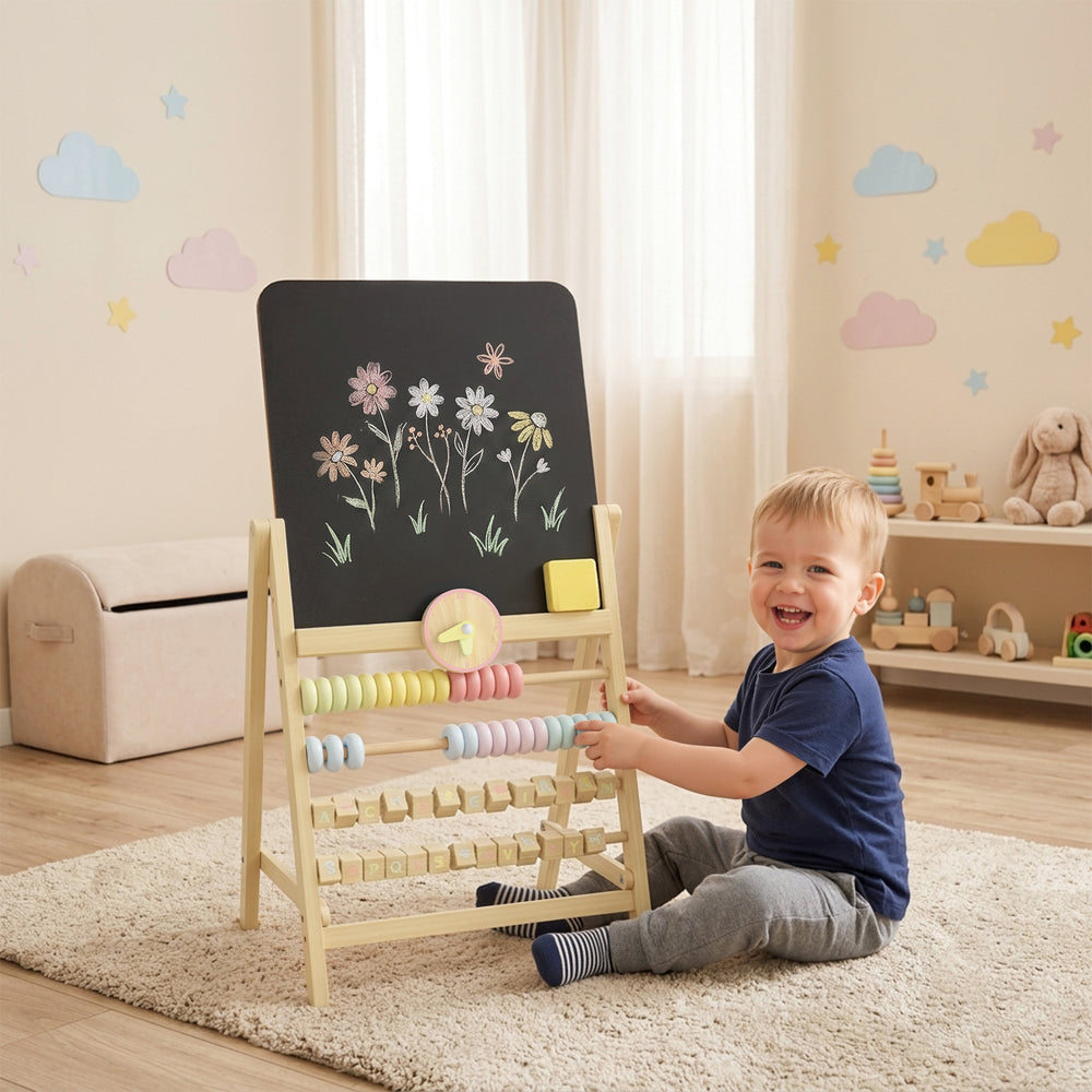 Double-sided children's easel with abacus and clock, natural wood