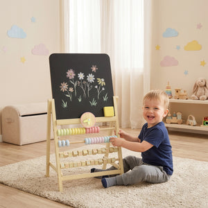 Double-sided children's easel with abacus and clock, natural wood