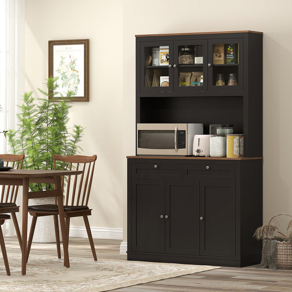 Storage cabinet with microwave space, sideboard with hutch, 2 drawers, adjustable shelves and glass doors, black