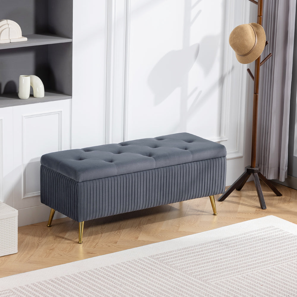Storage chest bench with steel legs, padded seat and footrest, dark gray