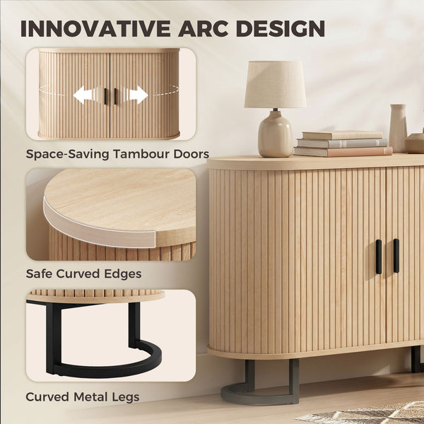 Sideboard Buffet Cabinet with Curved Tambour Doors, Thick Tabletop and Arc Metal Legs Natural Wood