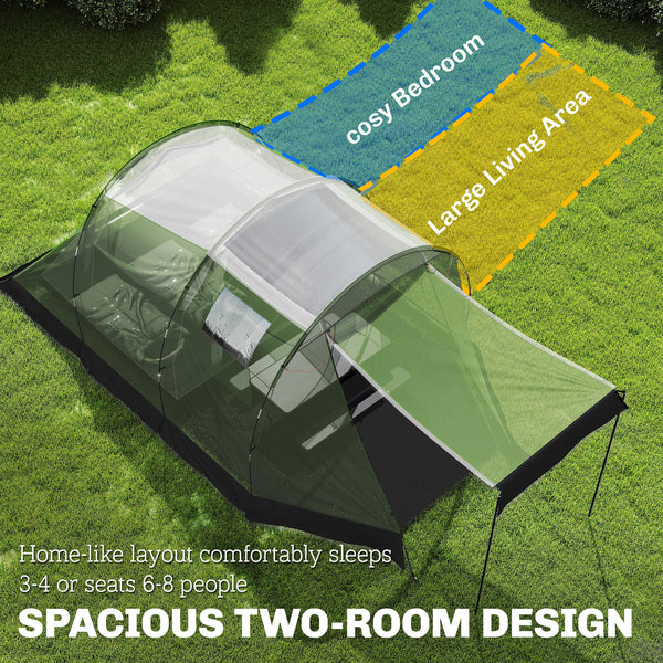 Camping Tent Waterproof Camping Tent with Two Rooms for 3-4 People, Green