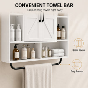 Bathroom wall cabinet with adjustable shelf and towel rack, white