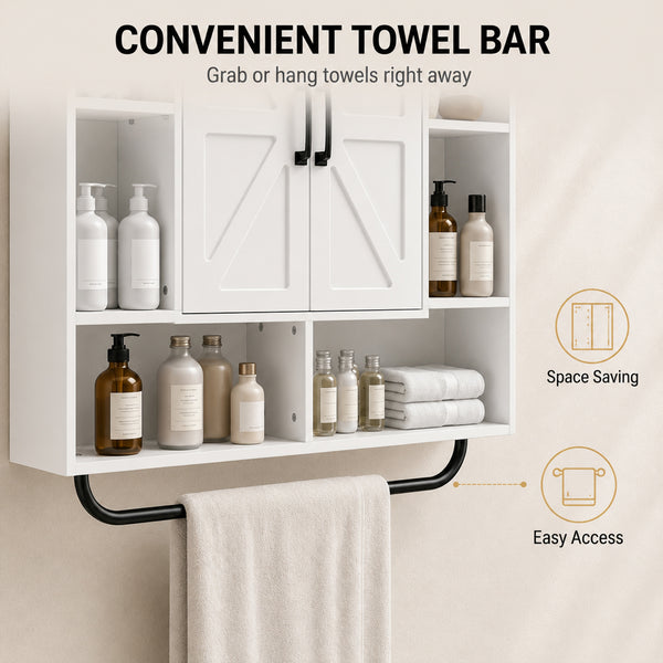 Bathroom wall cabinet with adjustable shelf and towel rack, white