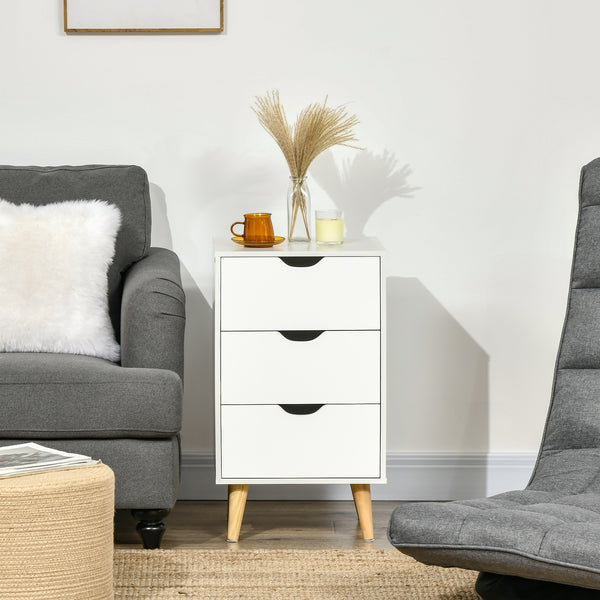 Modern 3-drawer bedside table with wooden legs, white