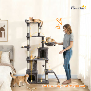 Cat tree with 7 scratching posts, tunnel, 2 hideaways, hammock, perch, ramp, pom-poms, dark grey