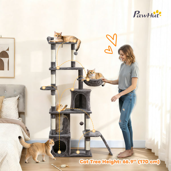 Cat tree with 7 scratching posts, tunnel, 2 hideaways, hammock, perch, ramp, pom-poms, dark grey