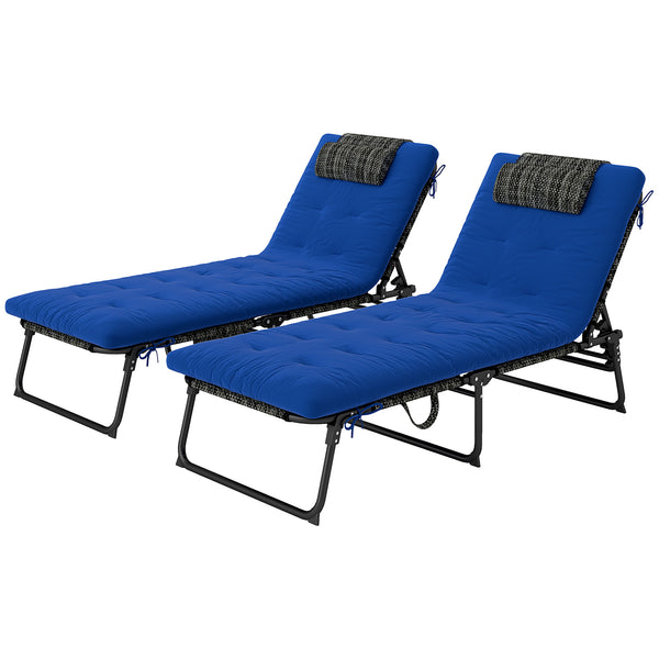 Set of 2 Folding Lounge Chairs with 4-Level Reclining Backrest with Cushion, Breathable Mesh Fabric, Side Pocket, Headrest, Blue