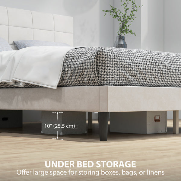 Queen Size Bed Frame with Upholstered Headboard and Wooden Slats, Cream Color