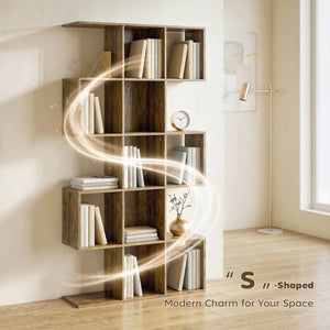 5-Tier Geometric S-Shaped Bookshelf with 15 Compartments, Rustic Brown