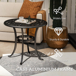 Ф23.6" Round Outdoor Side Table, Cast Aluminum Frame Patio Coffee Side Desk for Patio, Garden, Balcony, Black