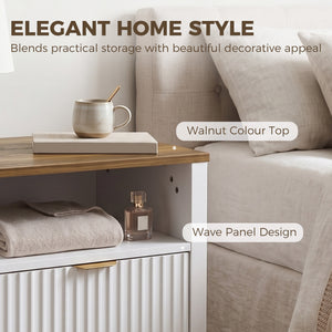 Bedside table with 2 drawers, open shelf and walnut-effect top, white