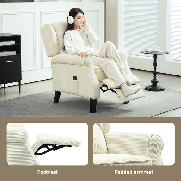 Lift-back recliner chair with vibration massage, extendable footrest, remote control, cream color