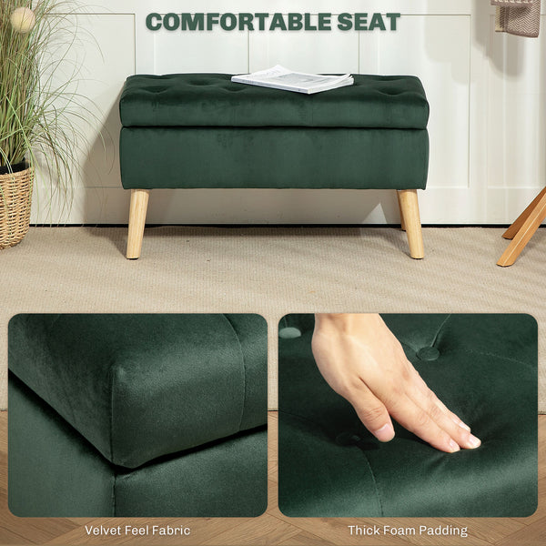 Storage ottoman with velvet upholstered lid and wooden legs, dark green