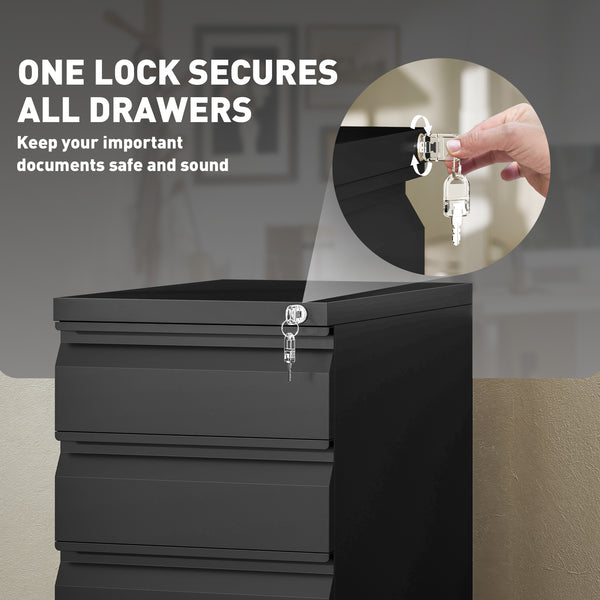 3 Drawer Filing Cabinet with Lock, Steel Office Storage Cabinet with Hanging Bar for A4, Legal and Letter Files, Black