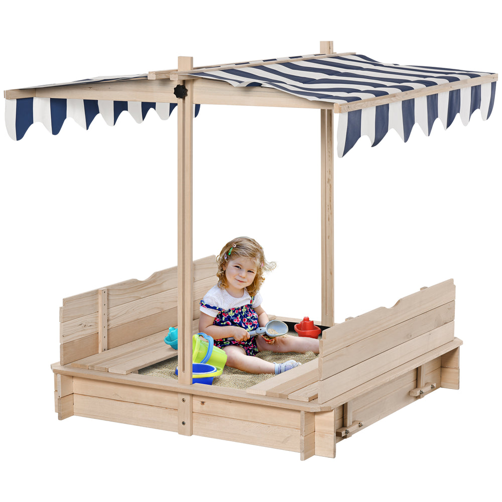 Wooden sandbox with adjustable canopy and convertible bench