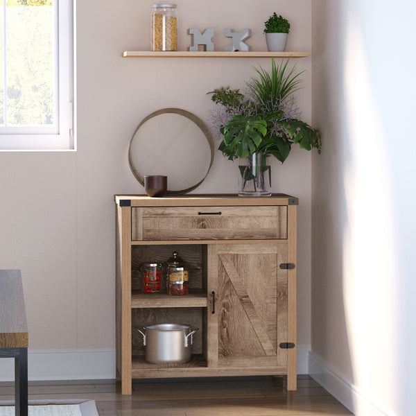 Rustic-style storage sideboard with barn doors, light oak finish