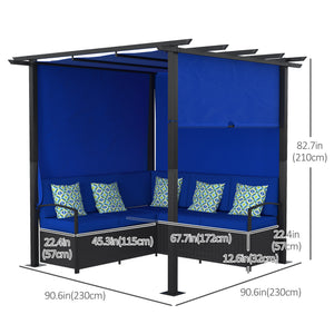 Wicker resin garden furniture set with retractable pergola, blue