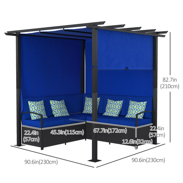 Wicker resin garden furniture set with retractable pergola, blue