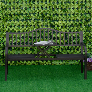 Metal outdoor bench with central lifting table for 2 to 3 people, black