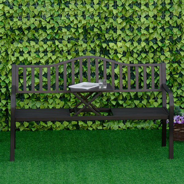 Metal outdoor bench with central lifting table for 2 to 3 people, black