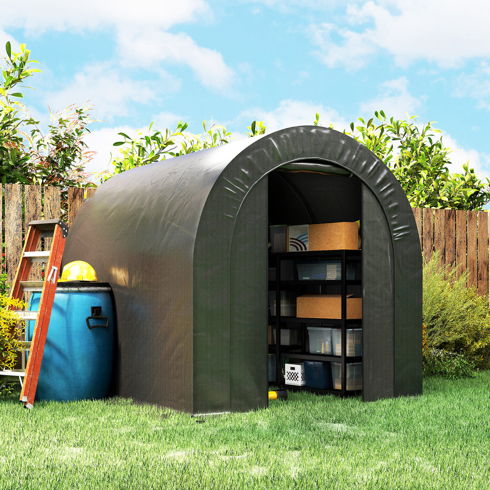 Heavy-duty and portable 6 x 8 galvanized steel motorcycle garden shed, black