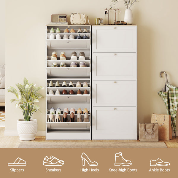 Modern shoe cabinet with 4 hinged drawers and adjustable shelves, for 18 to 24 pairs of shoes, white