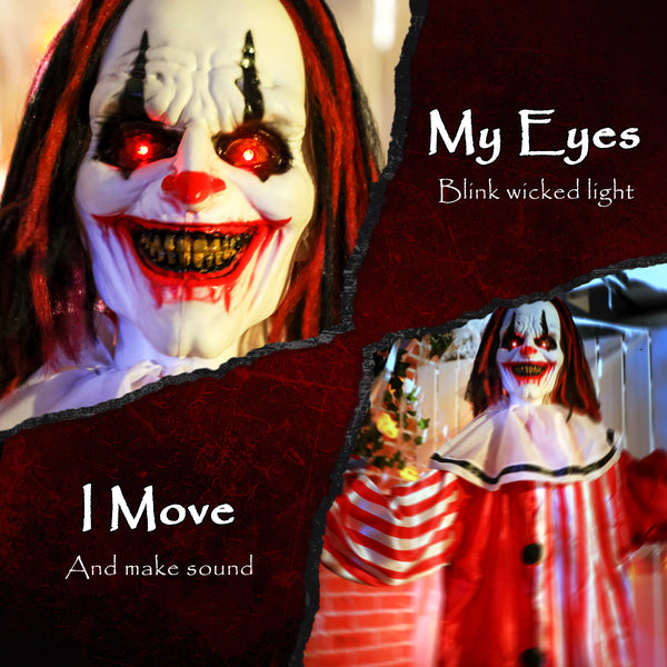 Life-size animated clown for Halloween, red light-up eyes, sound activated, battery operated
