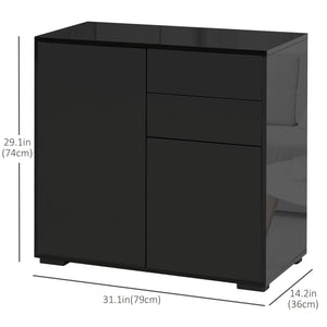 Glossy lacquered sideboard with 2 drawers, 2 doors and an adjustable shelf, push-to-open, black