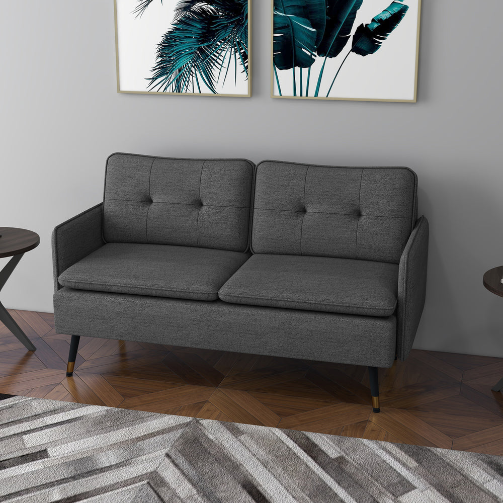 Modern fabric loveseat sofa with tufted back and steel legs, dark gray