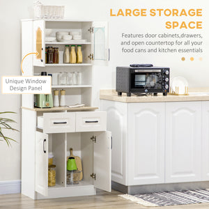 Freestanding storage unit with 2 adjustable shelves, 2 drawers, open countertop and glass doors, white