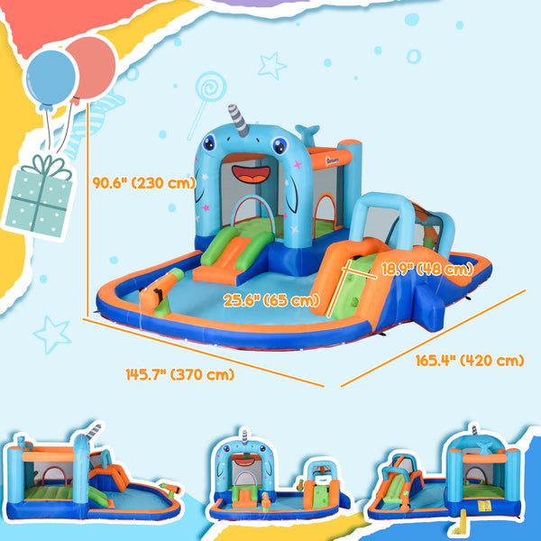 Large Narwhal Style Inflatable Water Castle with Slide, Trampoline, Pool